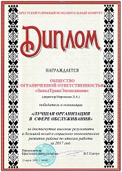 Dyplom zwycięzcy w nominacji «Najlepsza jednostka gospodarcza w zakresie świadczenia usług, 2017»
